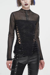 Chemise Punk Femme Noire à Bretelles avec Maille et Fronces